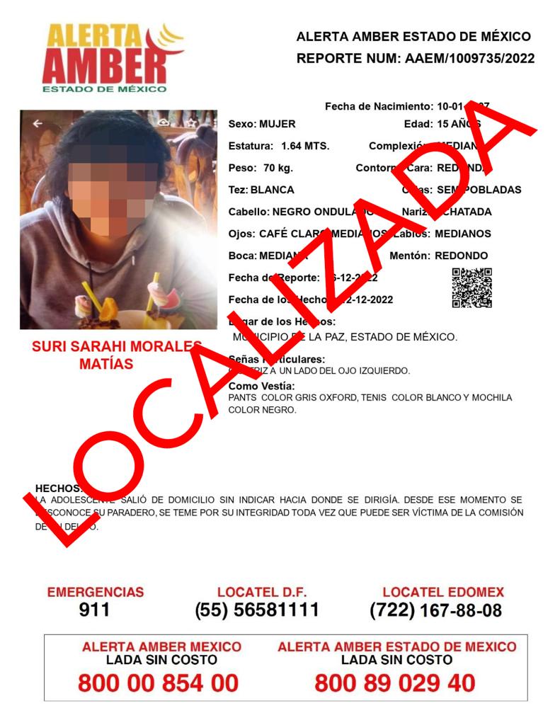 En trabajo conjunto localizan a menor de edad  originaria del estado de México: PGJE